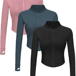 3 Pack Womens Cropped Full Zip up Workout Jacket Slim Fit Running Athletic Gym Yoga Sports Jacket with Thumb Holes