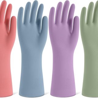 Rubber Cleaning Gloves for Dishwashing, 4 Pairs Reusable Kitchen Gloves for Washing Dishes and Household Cleaning, Colorful Dish Gloves with Flocked Lining and Non-Slip Grip, Pefect for Woman Men - M