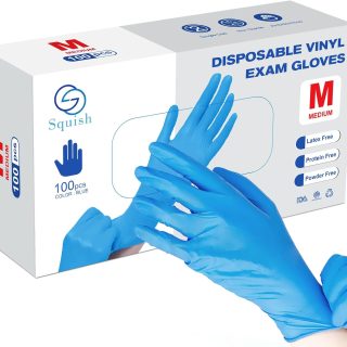squish Disposable Gloves, Blue 4 mil Vinyl Synmax Blend Exam Gloves Non Sterile, Powder Free, Latex Free - Cleaning Supplies, Kitchen and Food Safe(Pack of 100) (Blue Medium)